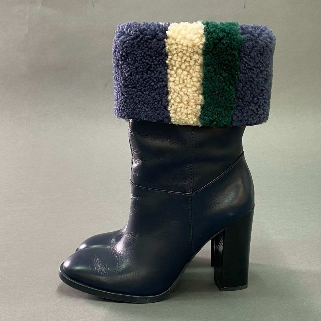 13c19 定価¥88000 TORY BURCH トリーバーチ ボアレザーブーツ 7M ネイビー レザー ロングブーツ シューズ 箱付き