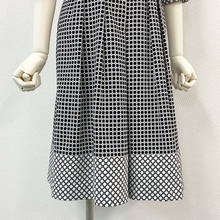 64g24【美品】 Leilian レリアン 七分袖ワンピース プリーツスカート モノクロ ウエスト切替 日本製 レディース 女性用 9 ブラック×ホワイト_
