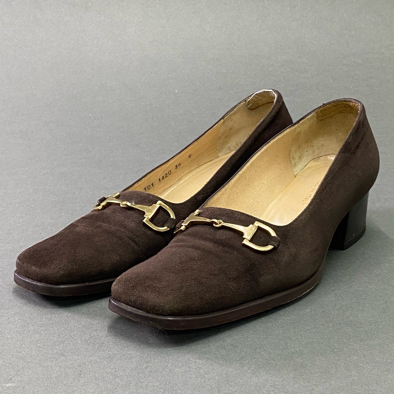 8c25 GUCCI グッチ ホースビット パンプス チャンキーヒール スクエアトゥ イタリア製 36 ブラウン スエード