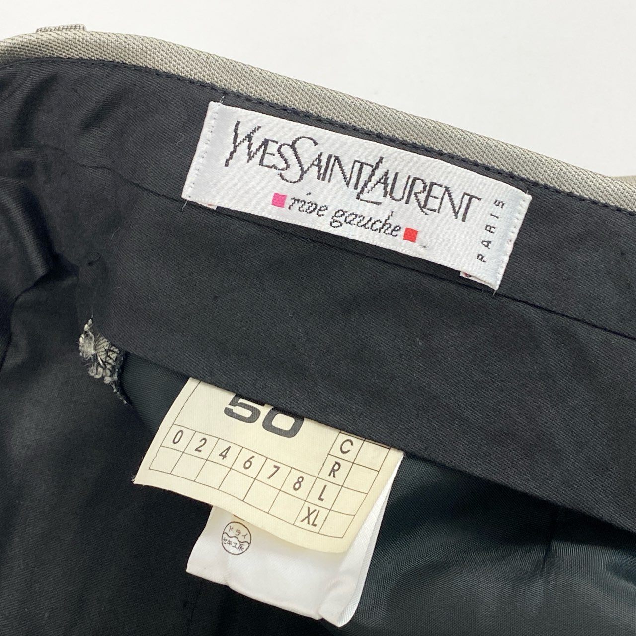 36d8 フランス製 YVES SAINT LAURENT rive gauche イヴサンローラン リブゴーシュ スラックスパンツ テーパードパンツ ドレスパンツ サイズ42 メタリック ベージュ ゴールド系 メンズ バスストップ