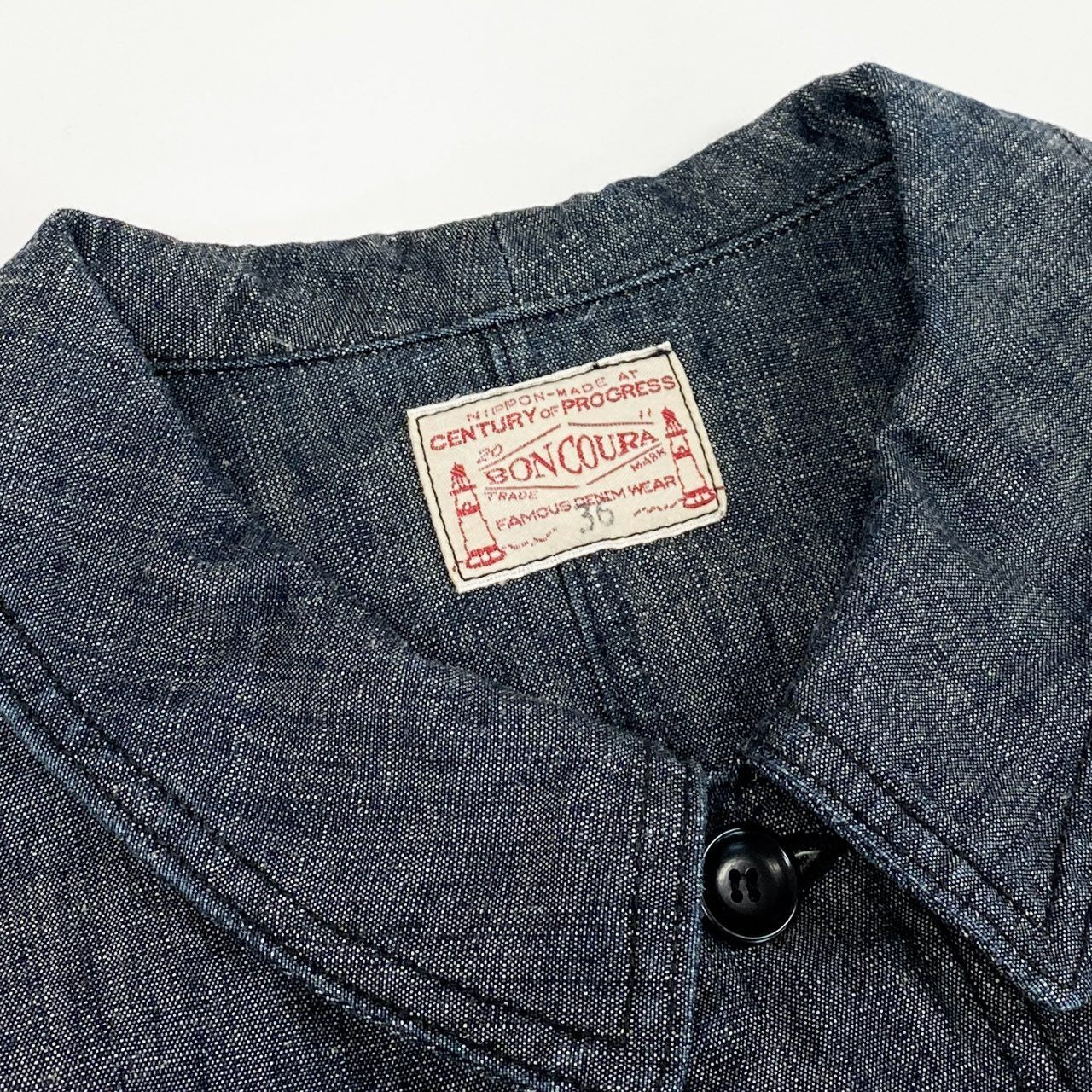 43f25 【美品】BONCOURA ボンクラ フレンチカバーオール コットンリネン ヘビーオンスシャンブレー サイズ36 ネイビー メンズ ワークジャケット