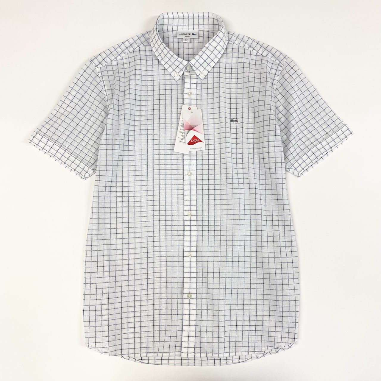 18f19 《未使用保管品》タグ付 LACOSTE ラコステ ウィンドウペン ビズポロシャツ 半袖 ボタンダウンシャツ ロゴワッペン PH763EL 5 ホワイト コットン