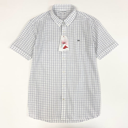 18f19 《未使用保管品》タグ付 LACOSTE ラコステ ウィンドウペン ビズポロシャツ 半袖 ボタンダウンシャツ ロゴワッペン PH763EL 5 ホワイト コットン
