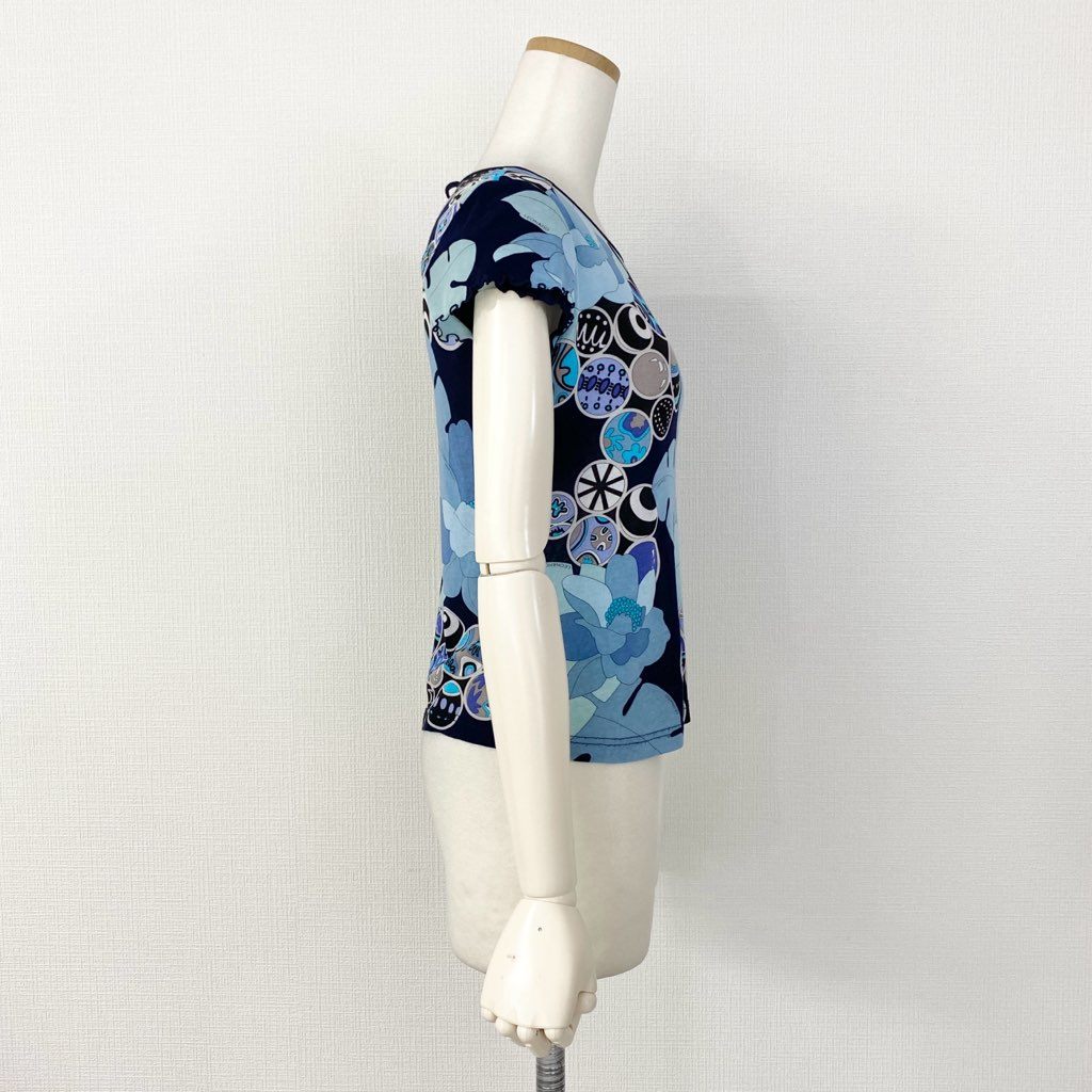 59e20 LEONARD SPORT レオナール スポーツ 半袖Tシャツ カットソー トップス 伸縮ストレッチ素材 サイズ38 ブルー マルチカラー コットン100% レディース 日本製