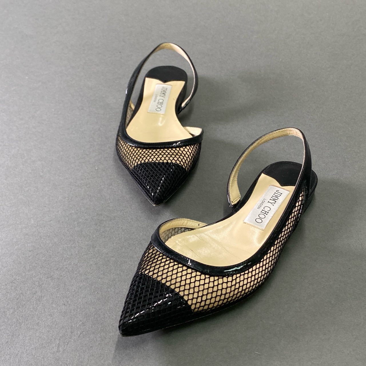 2f23 JIMMY CHOO ジミーチュウ メッシュ エナメルフラットシューズ 34 1/2 ブラック パテントレザー パンプス イタリア製 保存袋有