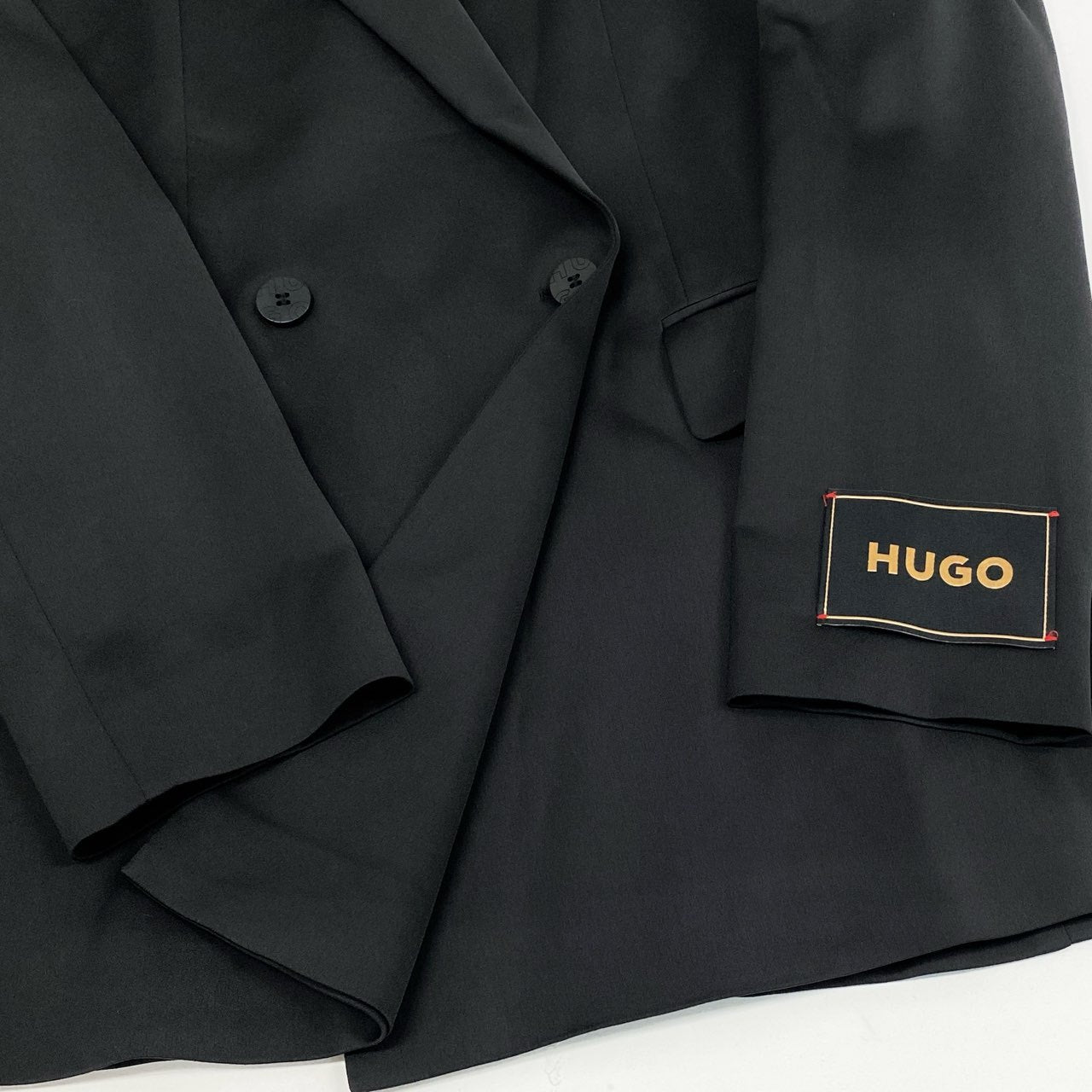 83i3《美品》 HUGO BOSS ヒューゴボス ダブルプレスト テーラードジャケット ブレザー 裏地総柄 ビジネス フォーマル 38 ブラック レディースo07t