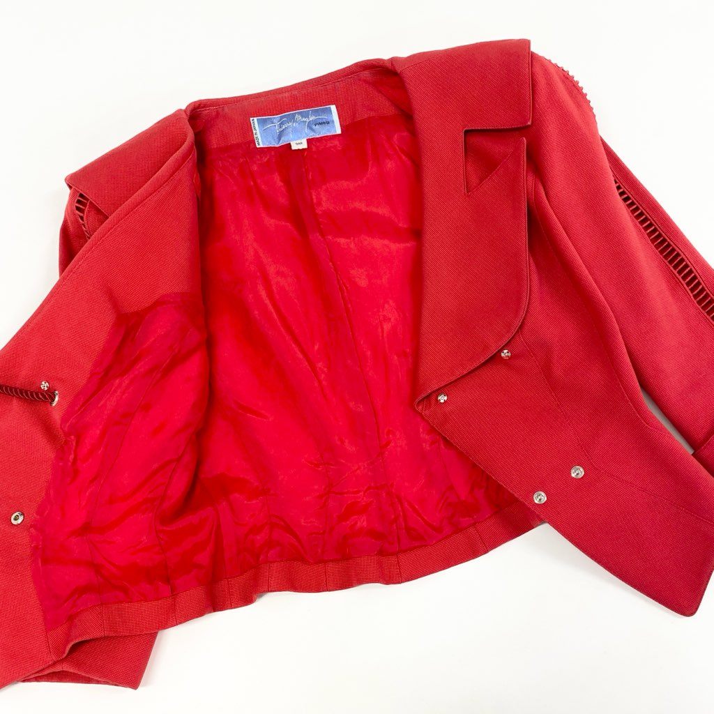 63d8-11 Thierry mugler ティエリー ミューグレー テーラードジャケット 変形ジャケット ダブル ドローストリング サイズ9AR レッド コットン100% レディース 日本製
