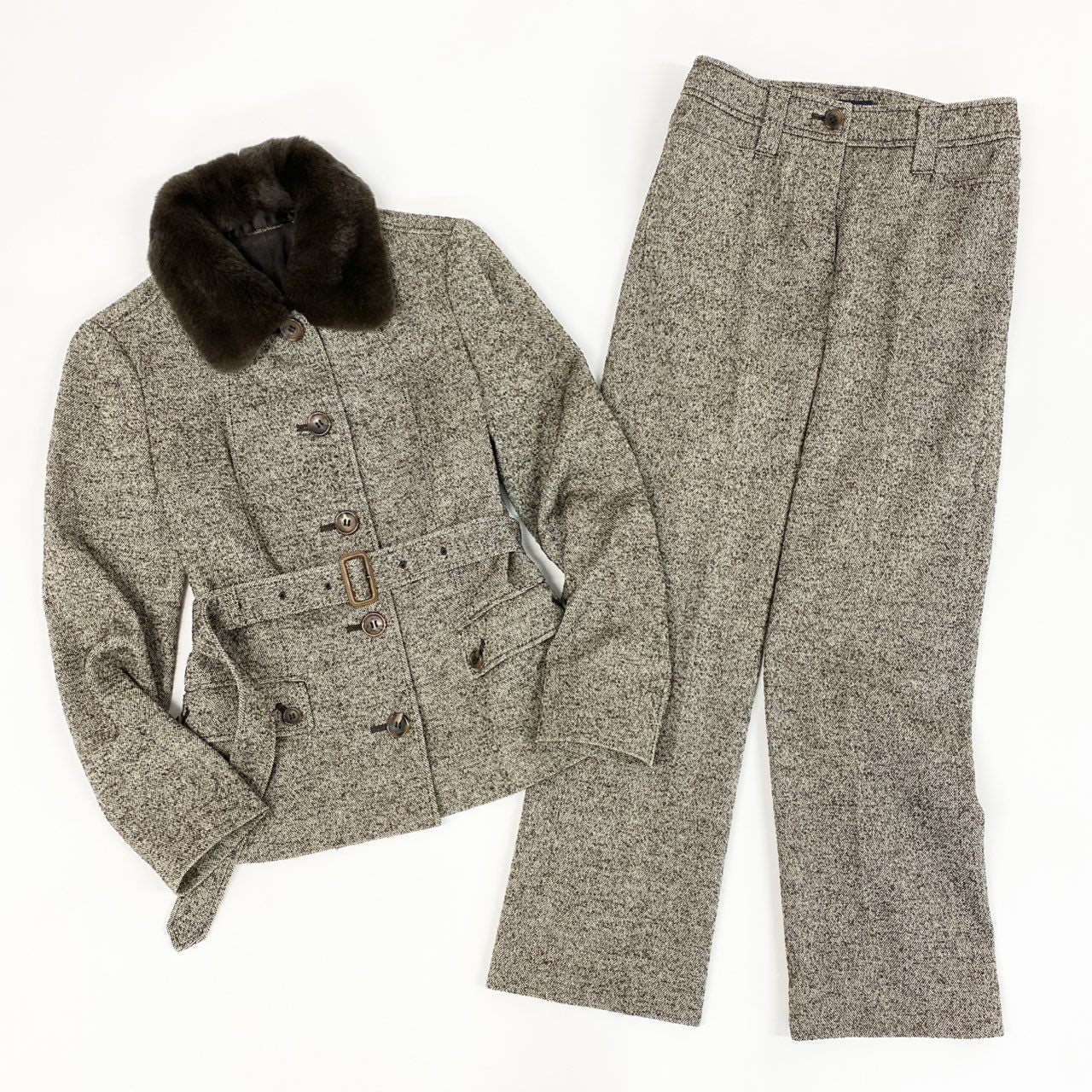 17e7 BURBERRY LONDON バーバリーロンドン ネップツイード リアルファー襟 ジャケット パンツ セットアップ サイズ38/パンツ36 ブラウン レディース 女性用