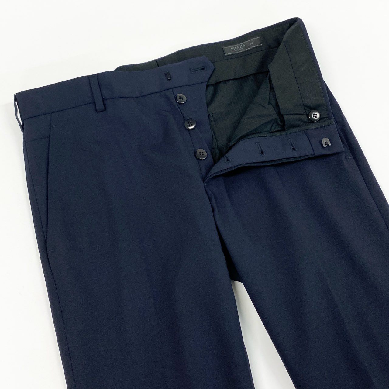 35k28④ 《美品》 PRADA プラダ イタリア製 スラックスパンツ テーパードパンツ バージンウール混 伸縮ストレッチ◎ ビジネス 通年 DNA559 44 ネイビー
