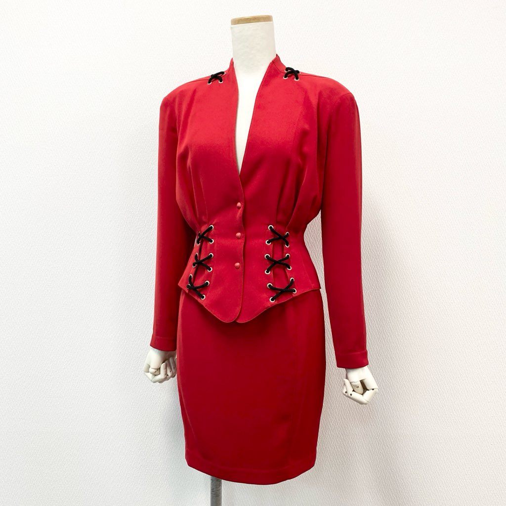 63d8-7 Thierry mugler ティエリー ミューグレー ジャケット/スカート スーツ セットアップ レースアップ 変形デザイン サイズ7AR/60-88 レッド ポリエステル100% レディース 日本製