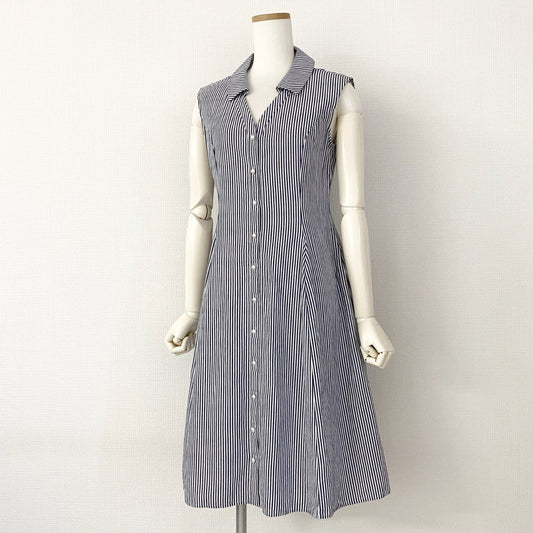 30d14 【美品】 Rene ルネ シャツワンピース ノースリーブワンピース パールボタン ストライプ 5826500 サイズ36 ブルー ホワイト コットン100% レディース 日本製