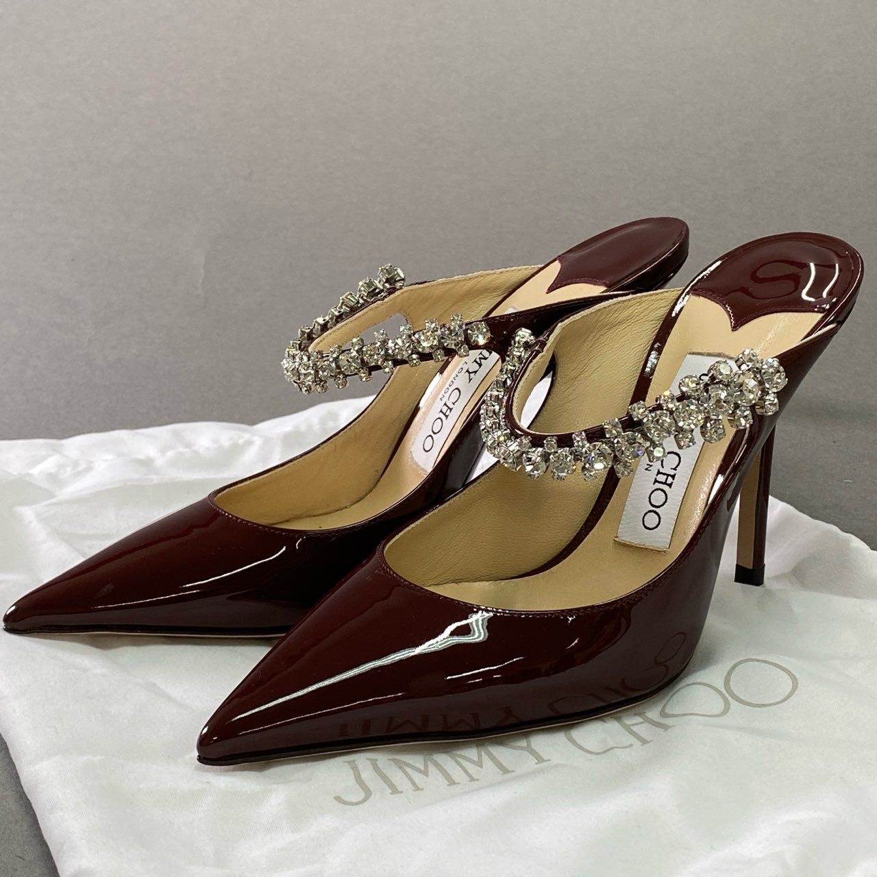 1d15 JIMMY CHOO ジミーチュウ ビング BING クリスタルビジューストラップ ミュール パンプス シューズ 34 ボルドー パテントレザー