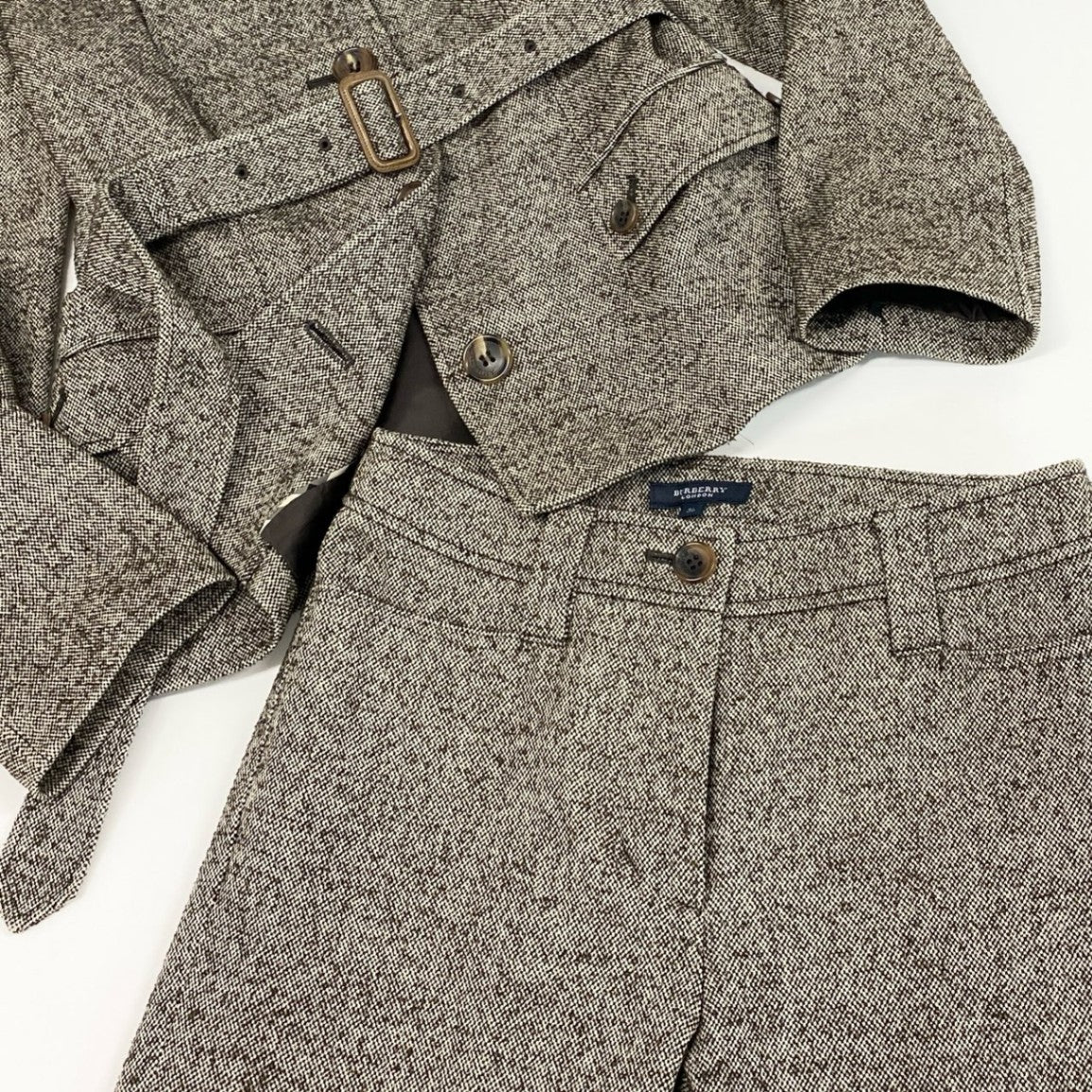 17e7 BURBERRY LONDON バーバリーロンドン ネップツイード リアルファー襟 ジャケット パンツ セットアップ サイズ38/パンツ36 ブラウン レディース 女性用