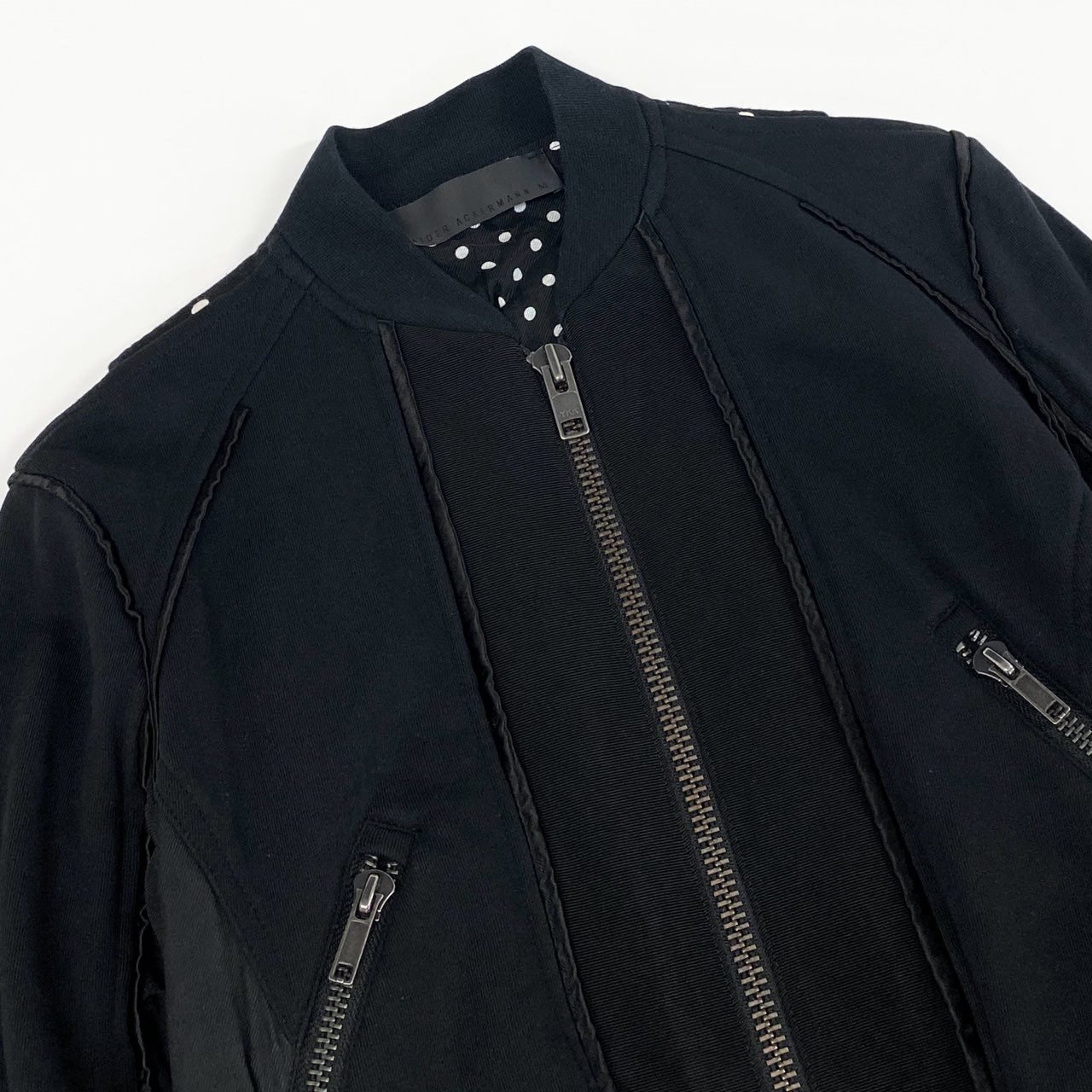 45b27 HAIDER ACKERMANN ハイダーアッカーマン 解体再構築 ジップアップブルゾン ジャケット 異素材切替 サイズM ブラック ドット コットン レディース