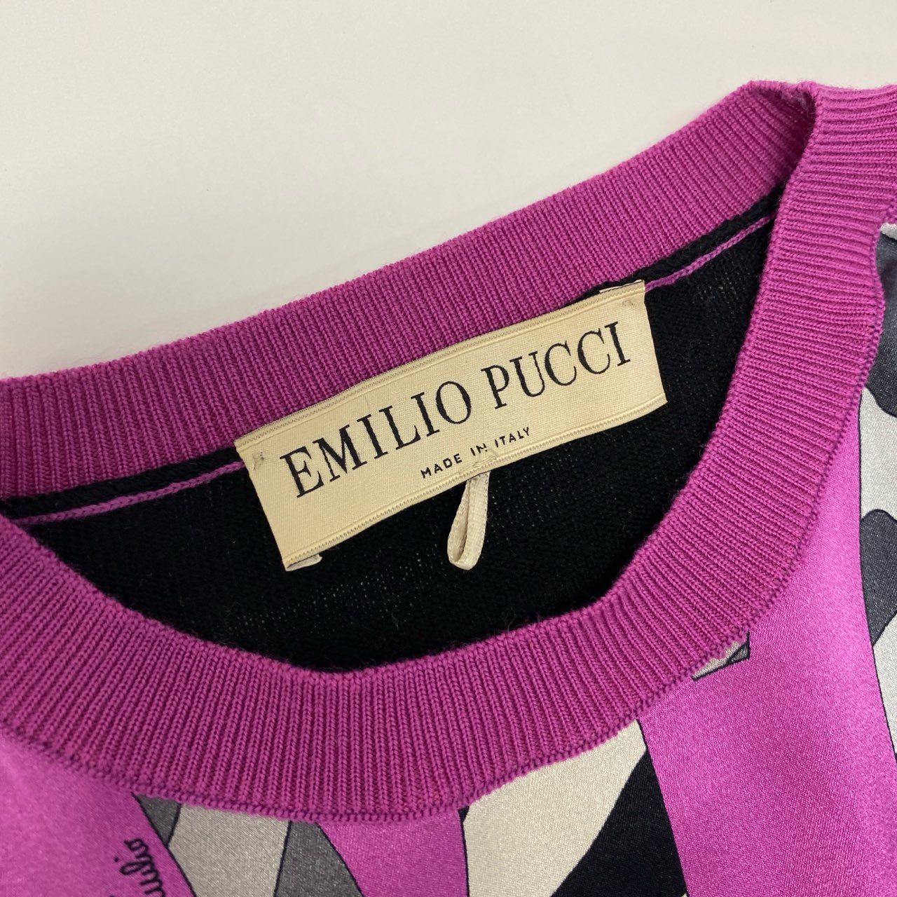 14j9 EMILIO PUCCI エミリオプッチ イタリア製 切替 ニットセーター クルーネック 総柄プリント ロングスリーブ 薄手 シルクウール 56KR60 XS ブラックu02t