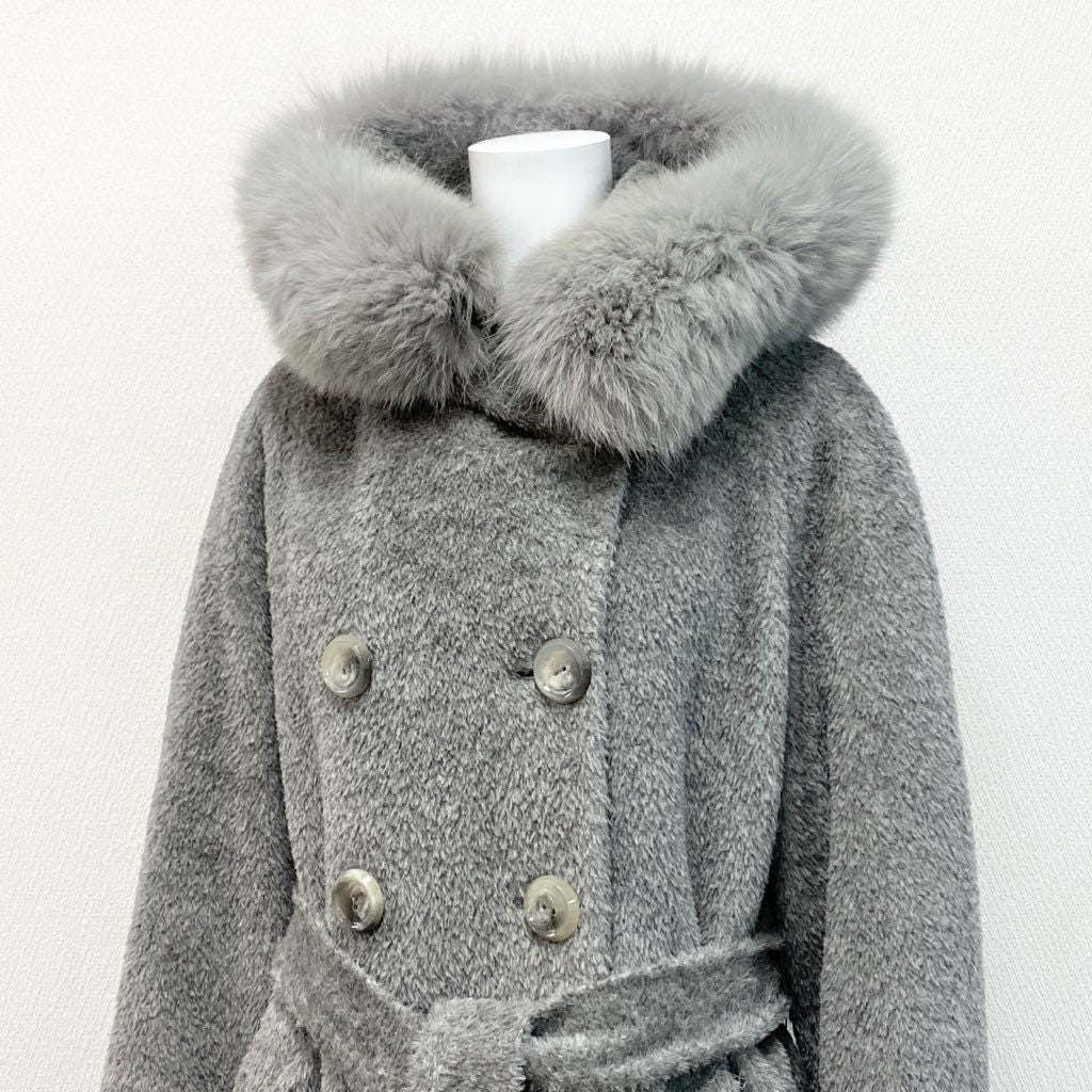 25k7 【イタリア製】MaxMara STUDIO マックスマーラ スタジオ アルパカコート フォックスファー フーデッドコート サイズ42 グレー レディース 女性用 アウター コート