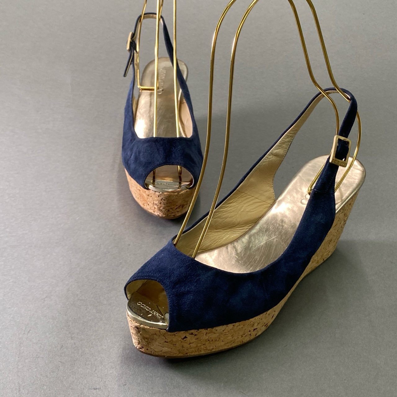 7d16 JIMMY CHOO ジミーチュウ ウェッジコルクソール スエードサンダル 38 ネイビー レザー シューズ イタリア製 夏