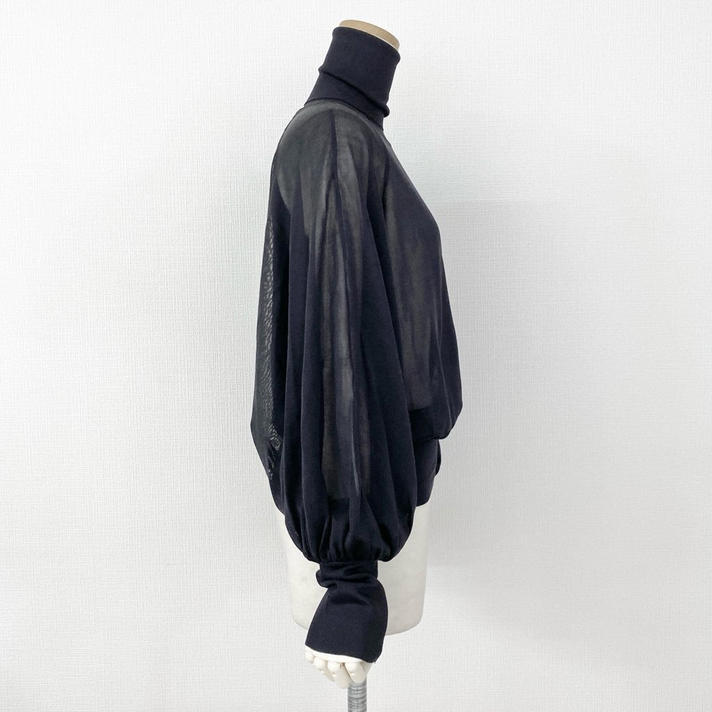 27f20 《美品》 フランス製 HERMES エルメス タートルネック 長袖ニット セーター バルーンスリーブ サイズL ダークネイビー シルク100% レディース