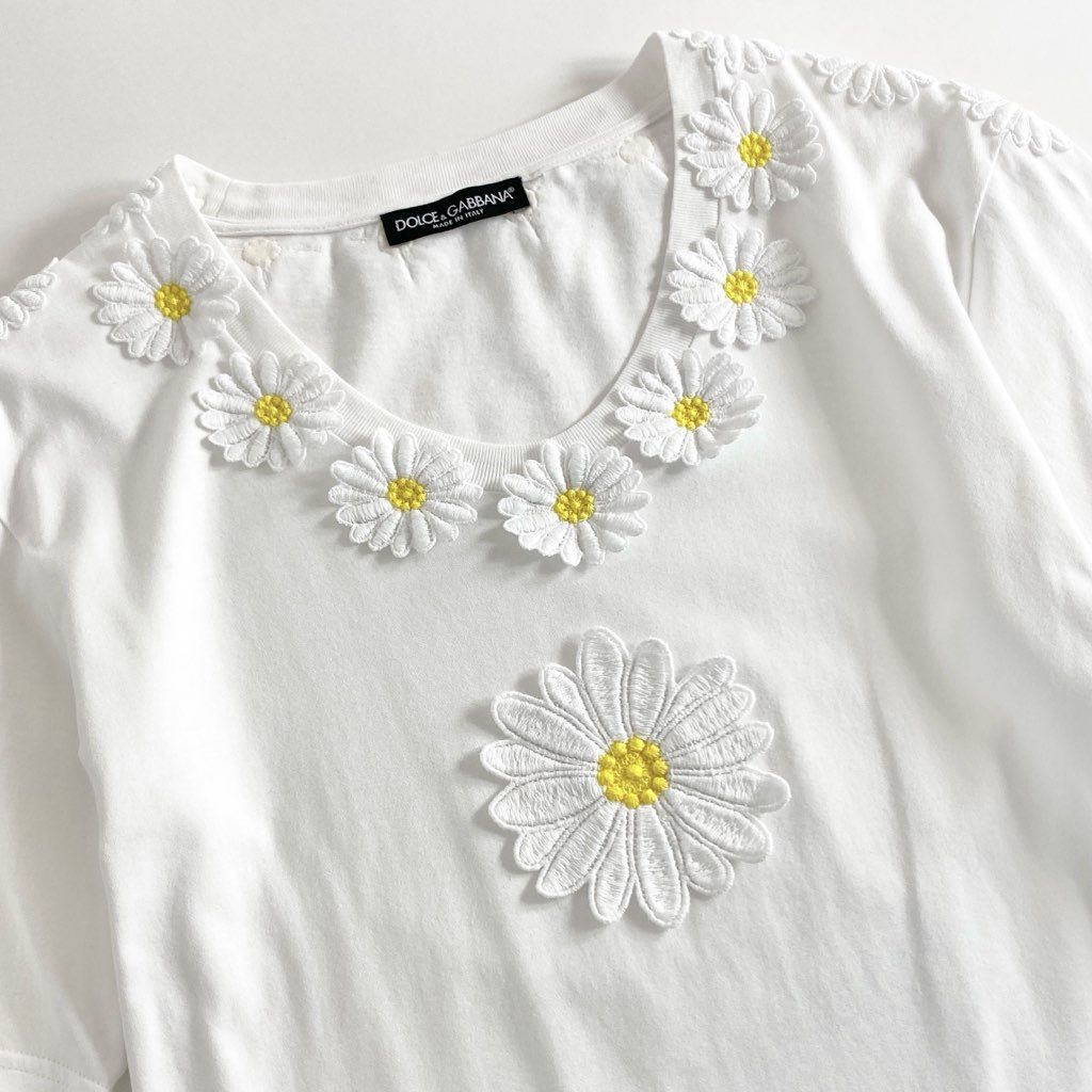 23f8 DOLCE&GABBANA ドルチェ&ガッバーナ フラワー刺繍 立体装飾レース Tシャツ 半袖カットソー サイズ38 ホワイト レディース