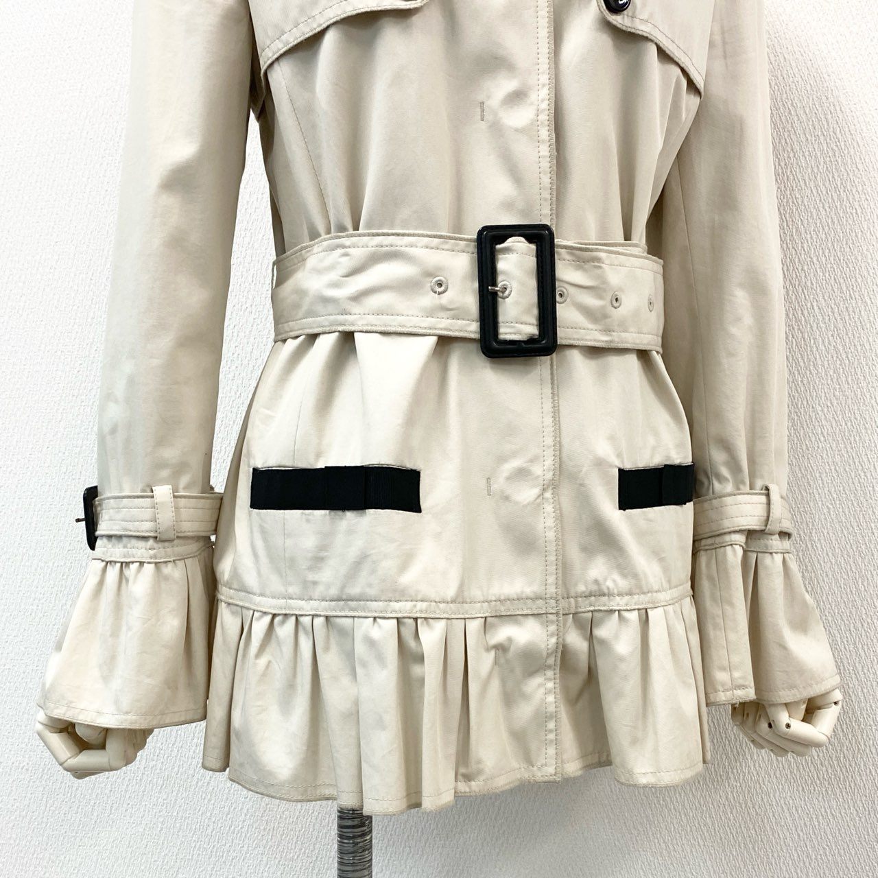 52d18 D&G DOLCE&GABBANA ドルチェアンドガッバーナ ステンカラーコート フリル ショートコート ジャケット スプリングコート 40 ベージュ コットン