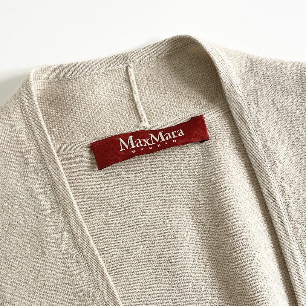 37h21 MaxMara STUDIO マックスマーラ ステュディオ シルク混 ロングカーディガン 腰ひも ニット 羽織 S ベージュ シルク ウール
