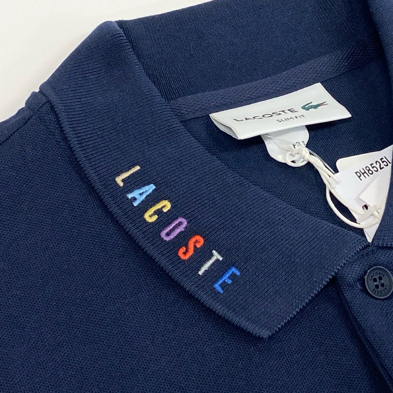 13f7 《新品タグ付き》 LACOSTE ラコステ 半袖ポロシャツ トップス 鹿の子 ワンポイントロゴ刺繍 PH8525L サイズ5 ネイビー メンズ 紳士服