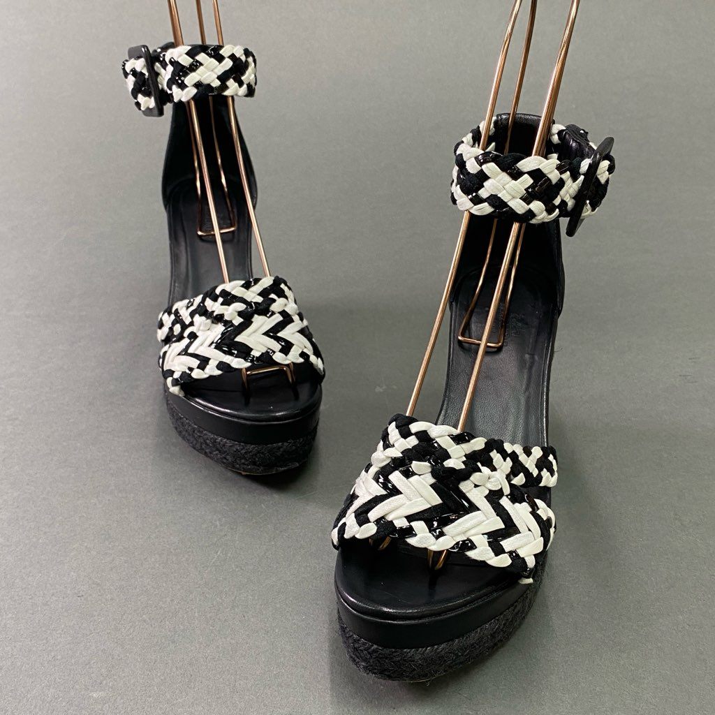 4d6 《美品》 HERMES エルメス イネス 編み込みデザイン ウェッジソールサンダル 34 ブラック ホワイト レザー シューズ イタリア製 夏