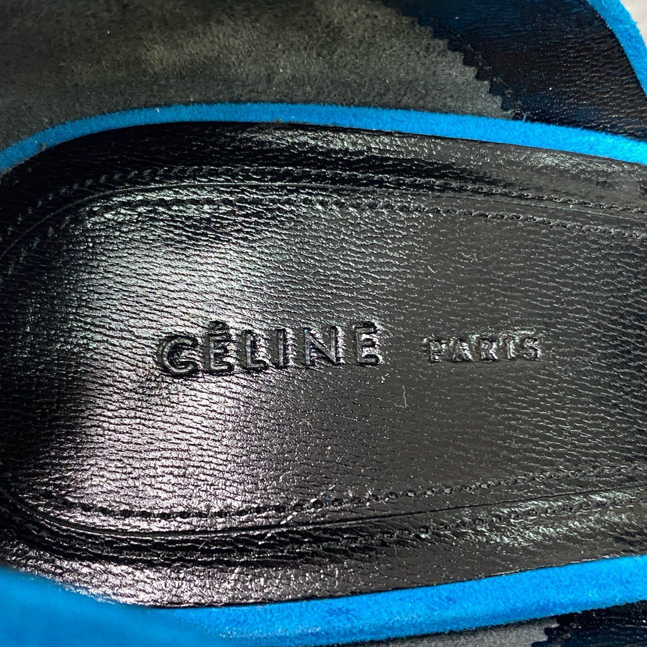 6f4 《美品》 CELINE セリーヌ D'Orsay ドルセー サイドオープン スエードパンプス 36.5 ターコイズ ブルー レザー シューズ 箱付き