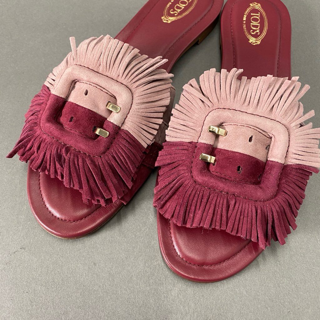 3i10 《美品》 TOD'S トッズ イタリア製 フリンジ スライド サンダル フラット シューズ 39 1/2 パープル系 スエード レザー