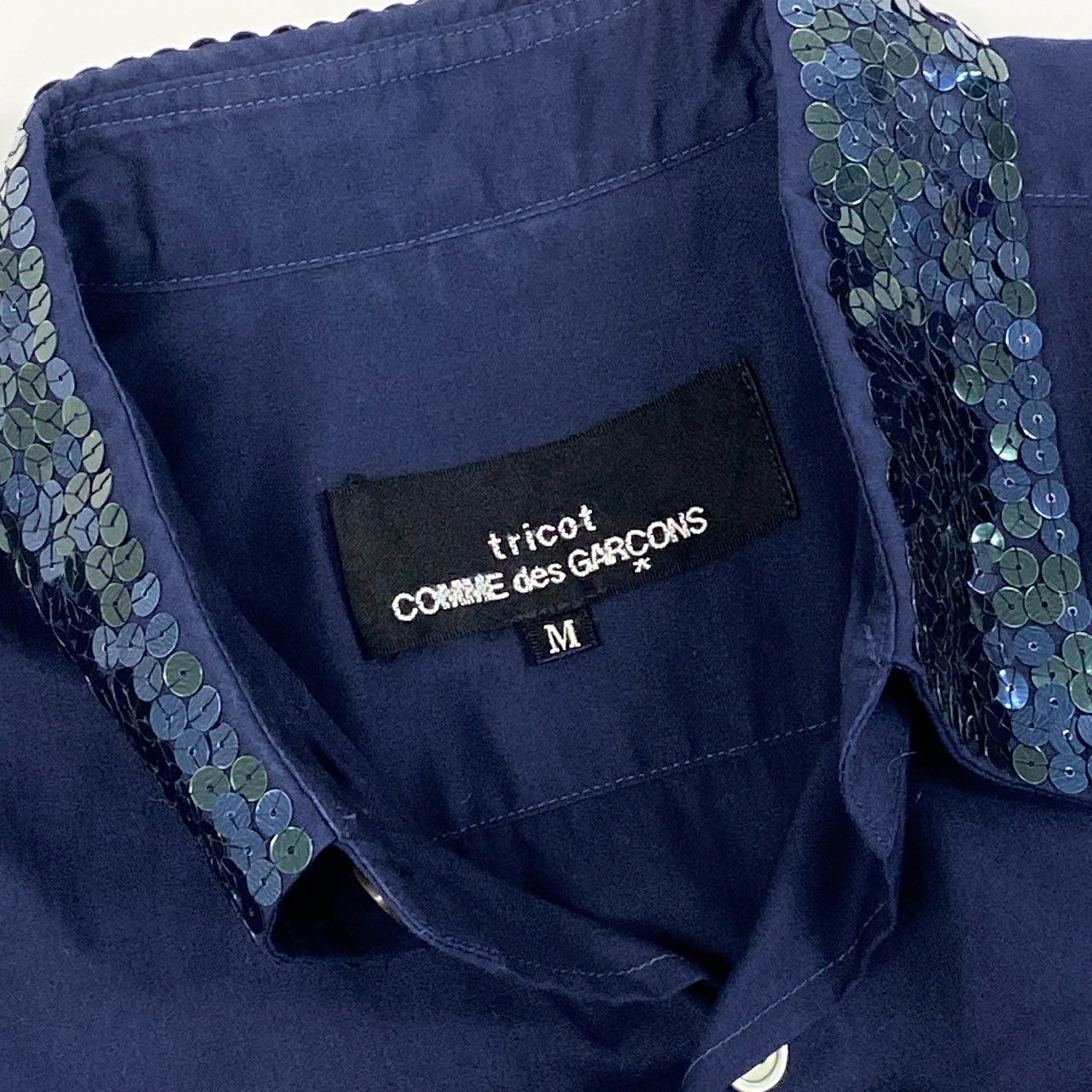 10F11 COMME des GARCONS tricot トリコ コムデギャルソン AD2001 襟スパンコールデザイン 半袖シャツ サイズM ネイビー レディース デザイナーズ