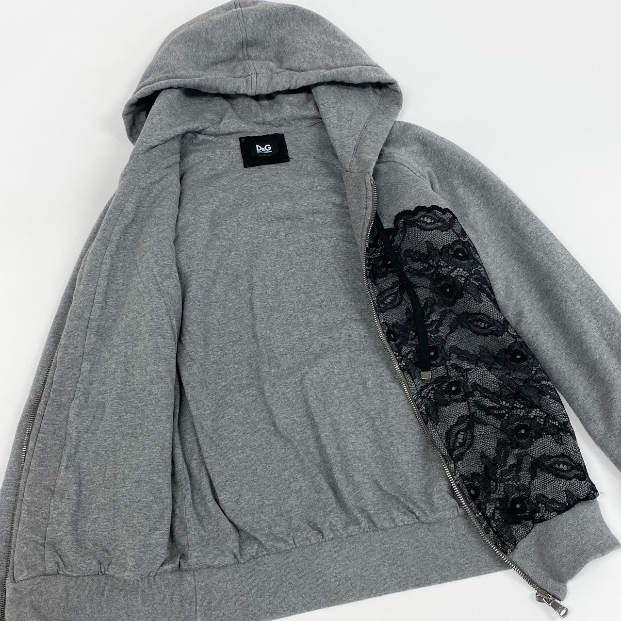 11f12 DOLCE&GABBANA ドルチェアンドガッバーナ 長袖パーカー 羽織 レース切替 フーディーパーカー フルジップ トップス レディース 38 グレー 画像参照
