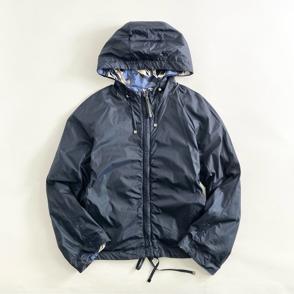 54h9 《美品》 Max Mara The Cube マックスマーラ リバーシブル フーディ ジャケット ブルゾン 無地 総柄 40 ブルー ネイビー ナイロン