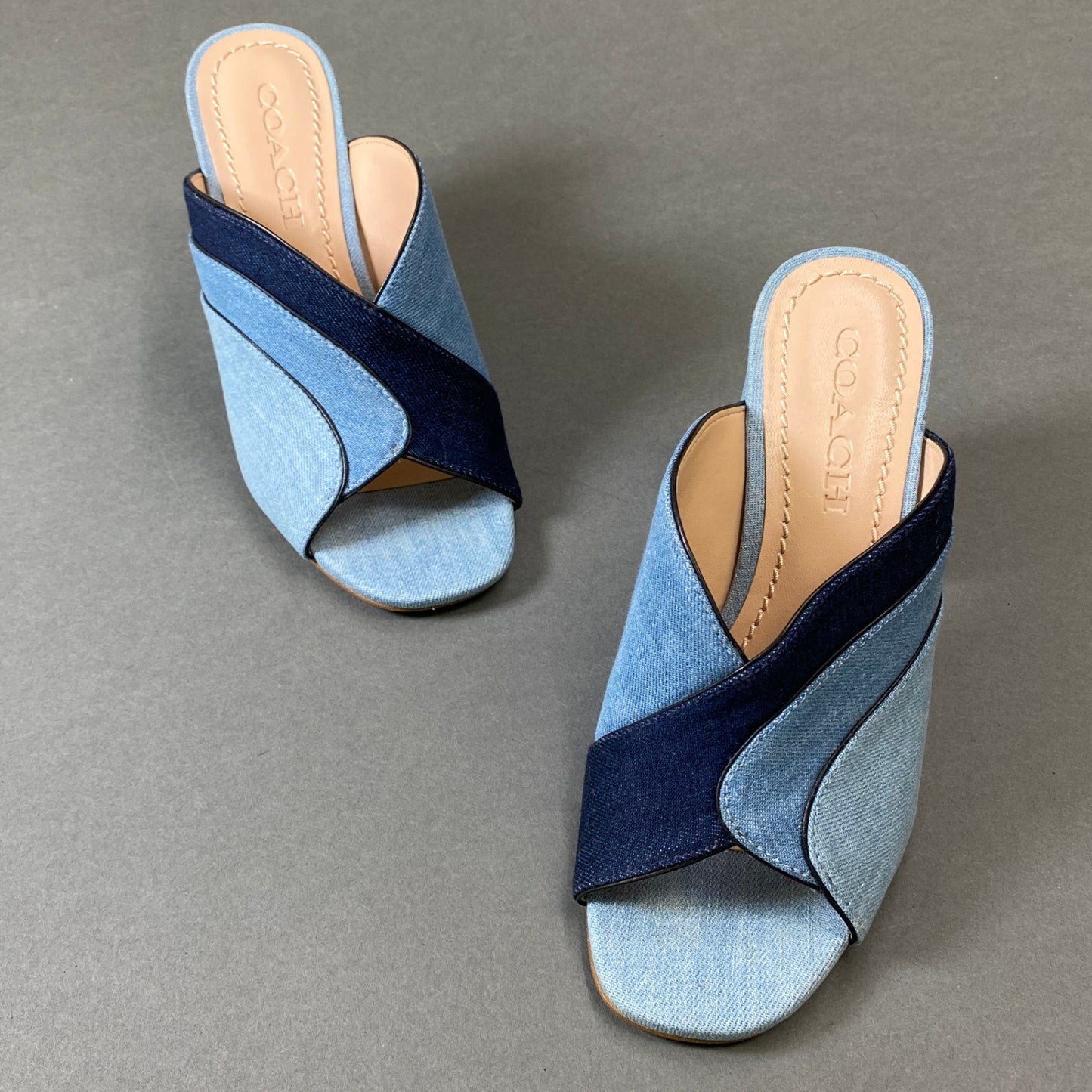 1h1 《美品》 COACH コーチ チャンキーヒール 3パターン デニムサンダル G3618 23.5cm インディゴ ブルー シューズ DENIM 夏k02i