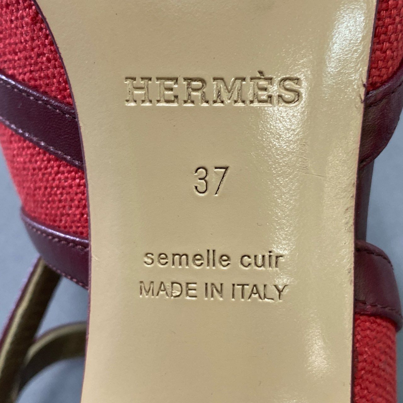 3d14 《美品》 HERMES エルメス アンクルストラップ レザーキャンバス サンダル 37 レッド ボルドー パンプス シューズ イタリア製 夏