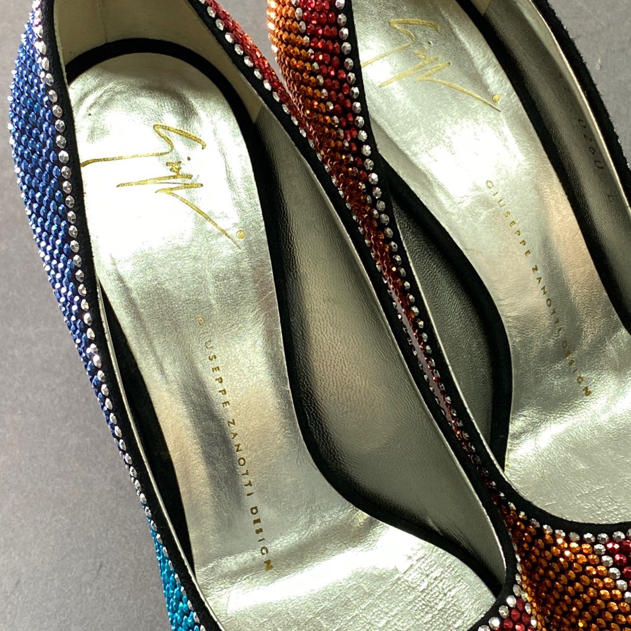 5l20 GIUSEPPE ZANOTTI ジュゼッペザノッティ オープントゥ レインボーラインストーン パンプス 37 1/2 レザー パーティ イタリア製 シューズ