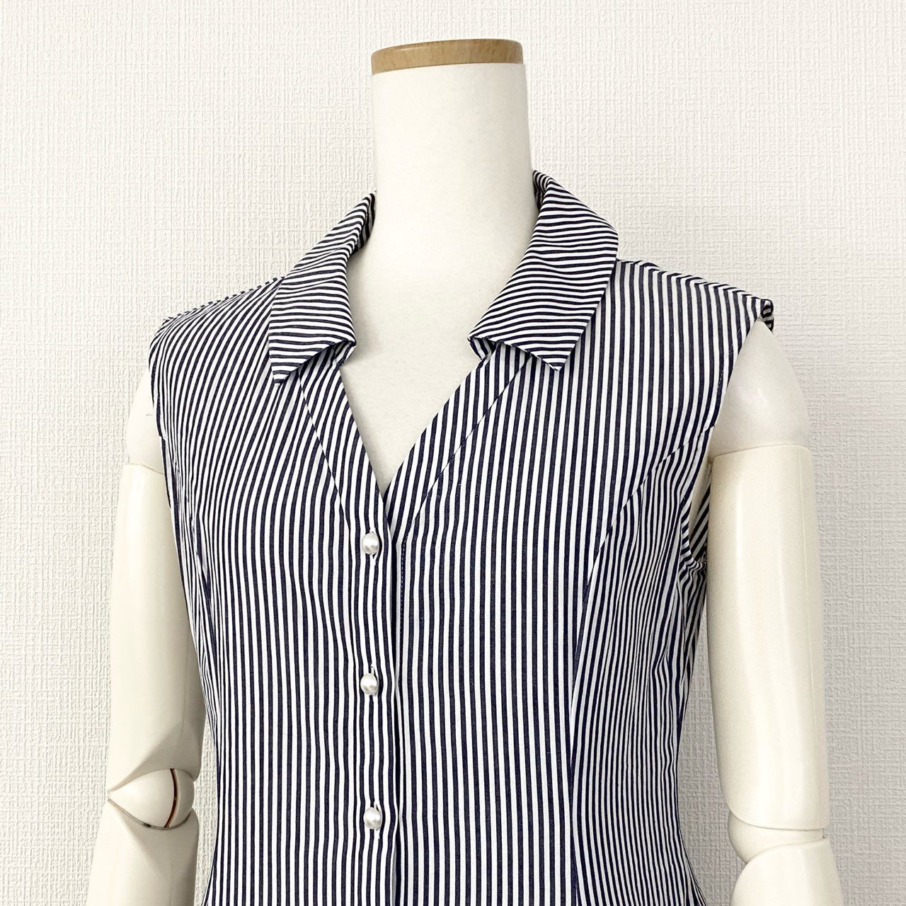 30d14 【美品】 Rene ルネ シャツワンピース ノースリーブワンピース パールボタン ストライプ 5826500 サイズ36 ブルー ホワイト コットン100% レディース 日本製