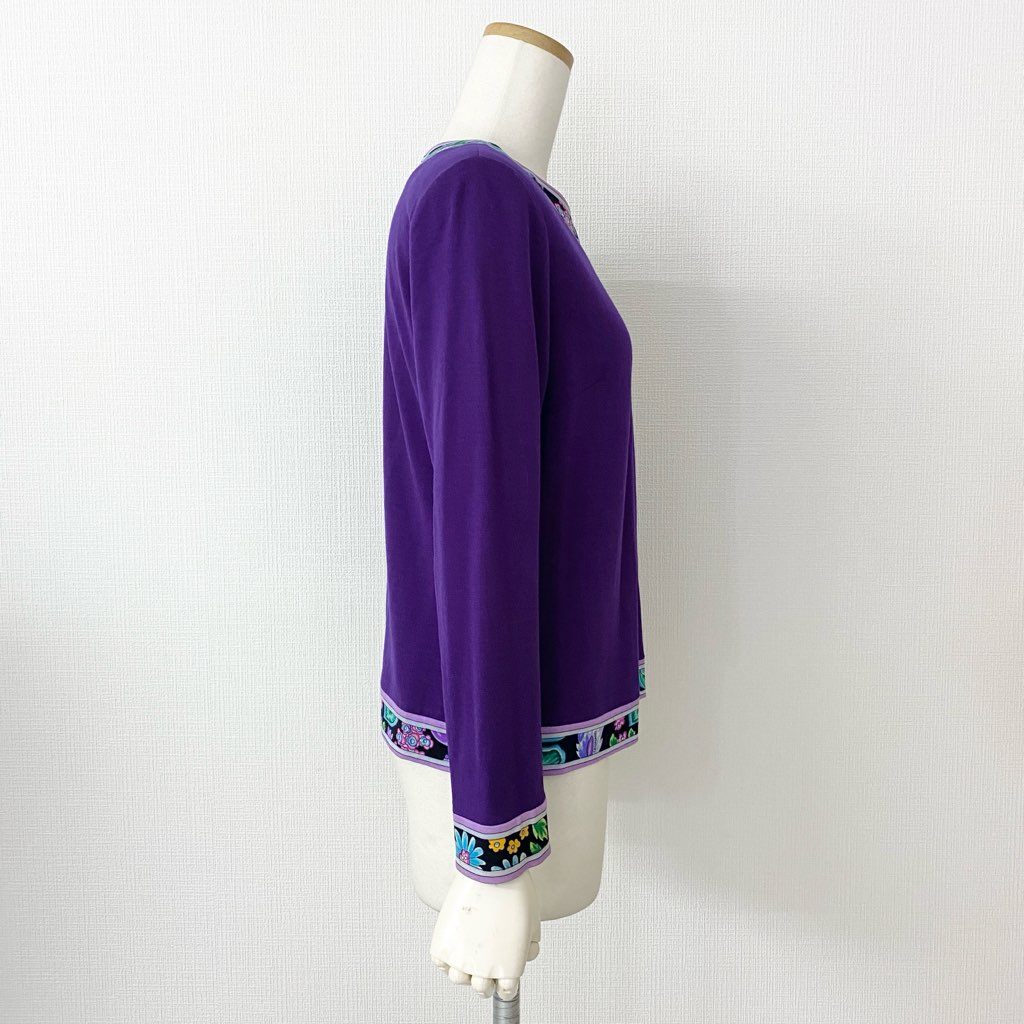 34d10 LEONARD レオナール ハイゲージ ニット セーター 美しい花柄プリント切替 サイズL パープル ウール100% レディース 日本製