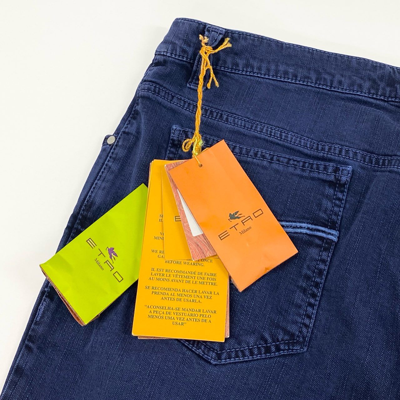 21f17 《未使用保管品》タグ付 ETRO エトロ イタリア製 デニムパンツ ジーンズ ボトムス 革パッチ ポケット刺繍 14776 34 ブルー コットン