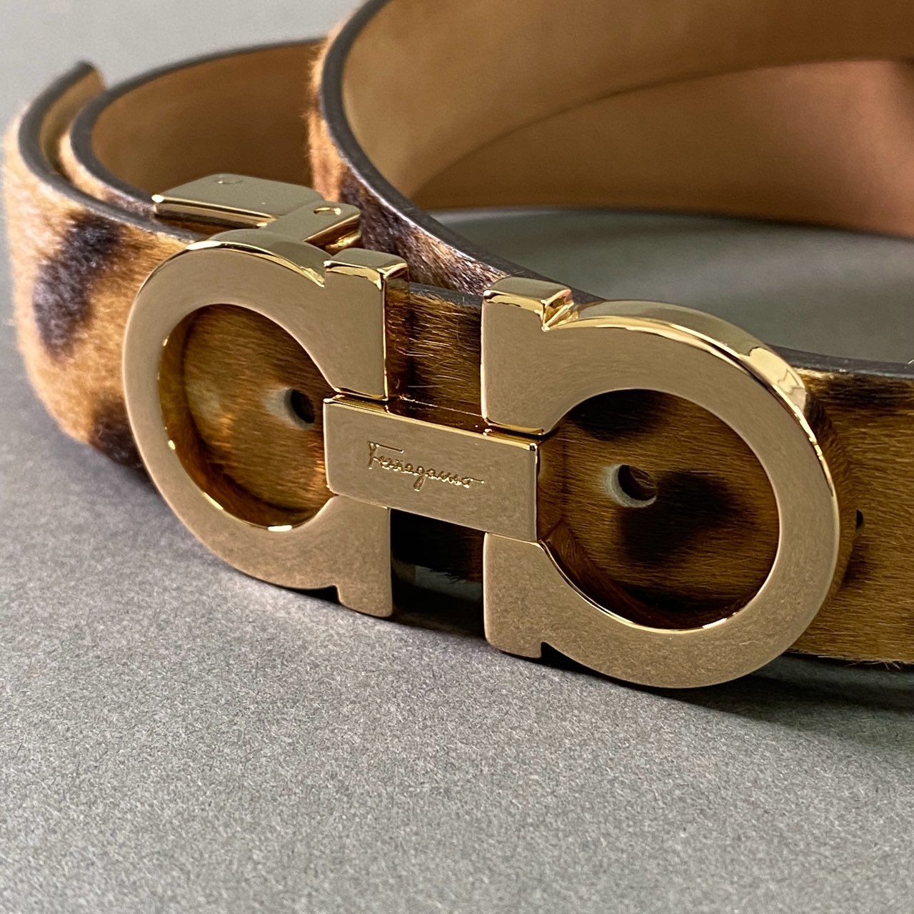 a17 Salvatore Ferragamo サルヴァトーレ フェラガモ ガンチーニ ハラコ レオパード レザーベルト ブラウン Leather イタリア製 ゴールド金具