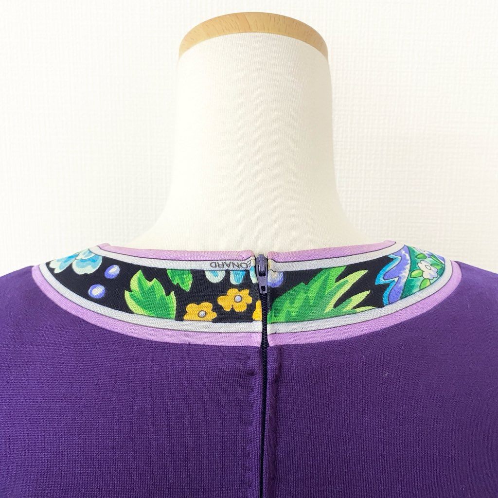 34d10 LEONARD レオナール ハイゲージ ニット セーター 美しい花柄プリント切替 サイズL パープル ウール100% レディース 日本製