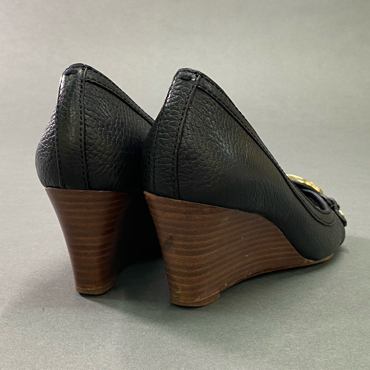 5c18 TORY BURCH トリーバーチ オープントゥ ウェッジソール パンプス ヒール シューズ サンダル 6.5M ブラック レザー