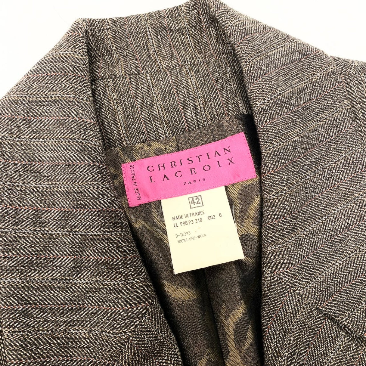 85d9 CHRISTIAN LACROIX クリスチャンラクロワ テーラードジャケット ロングジャケット ストライプ 裏地総柄 フランス製 サイズ42 ブラウン ウール100% レディース 女性用o07t