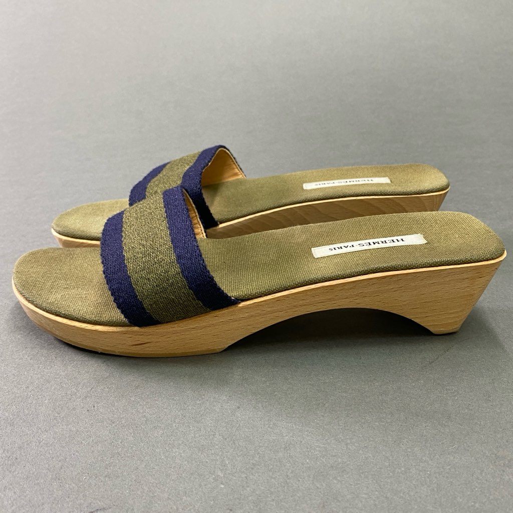 6d6 《美品》 HERMES エルメス マルジェラ期 フールトゥ サンダル 35 カーキ キャンバス エールライン ウッド シューズ スペイン製 夏
