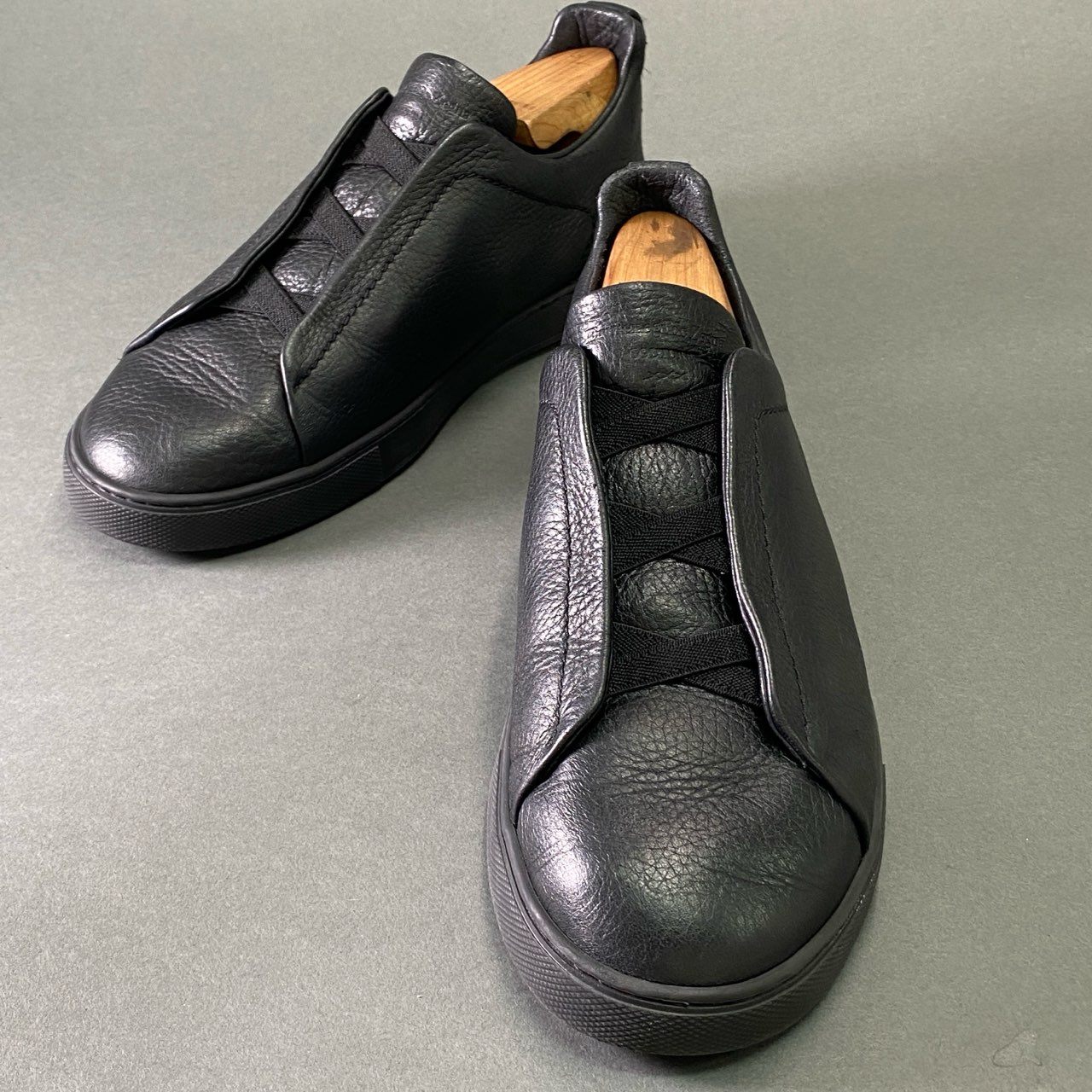 2e2 Ermenegildo Zegna エルメネジルド ゼニア ディアスキン トリプルステッチ スニーカー 7 1/2 ブラック レザー シューズ 革靴 スリッポン