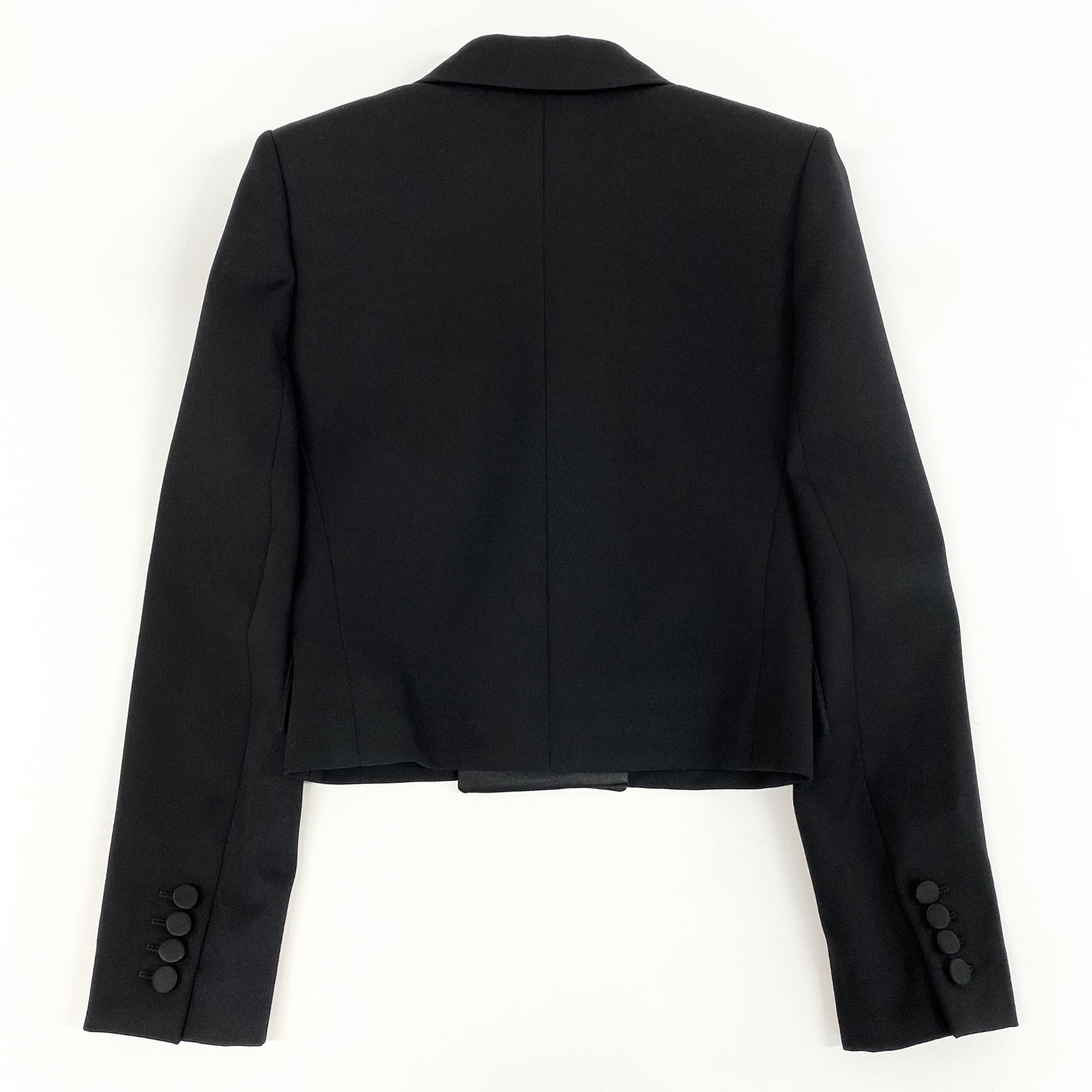 17h20《美品》 SAINT LAURENT PARIS サンローラン パリ テーラードジャケット クロップド ダブル サテンラペル 2023年 759697 サイズ36 ブラック レディースk02i