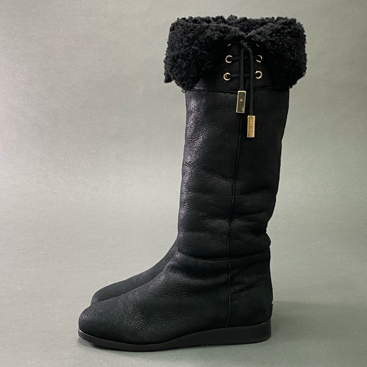 3c11 JIMMY CHOO ジミーチュウ ムートンロングブーツ 37 ブラック レザー レースアップ シューズ ボア イタリア製 冬