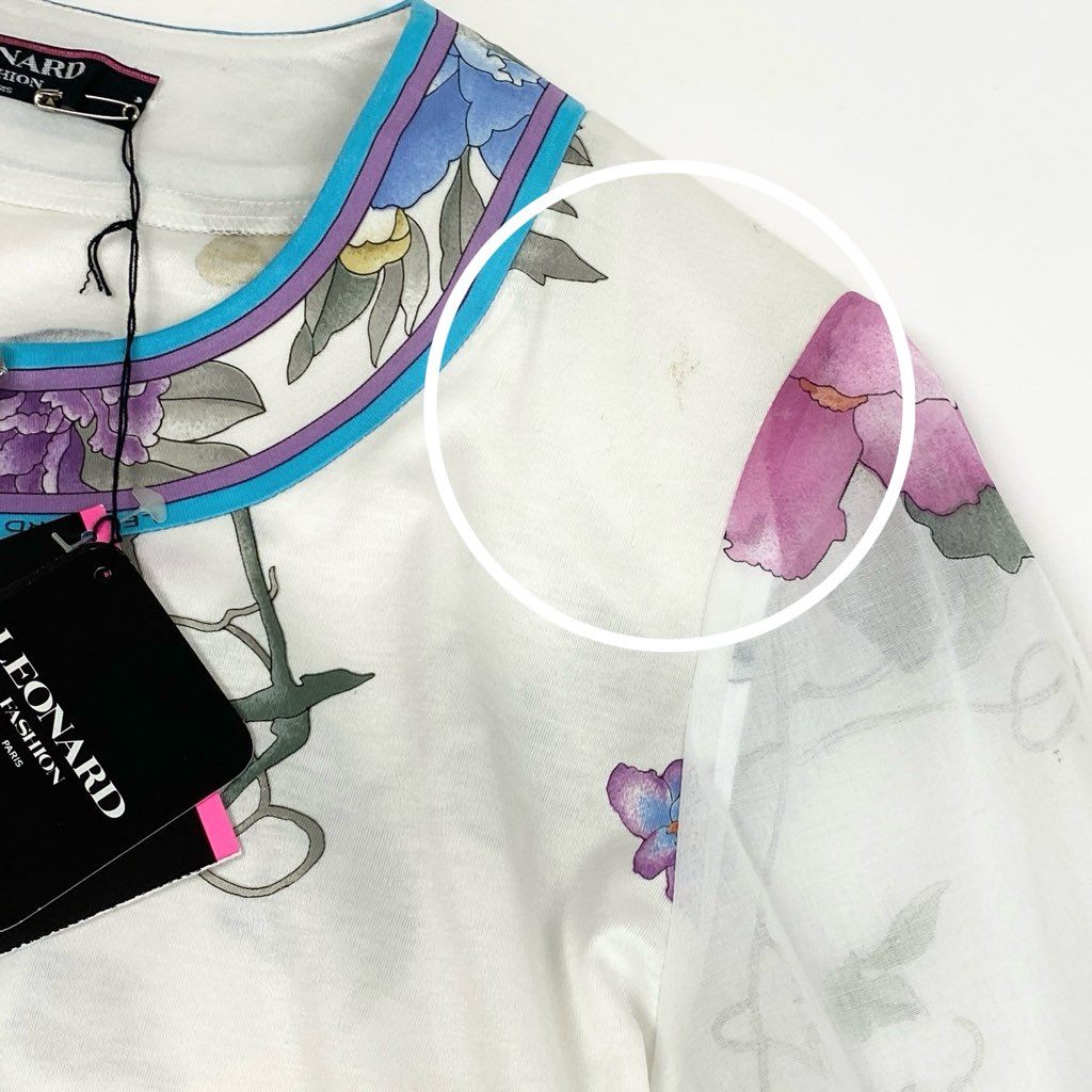 13l27【未使用品】LEONARD レオナール ノーカラージャケット 美しい花柄プリント 袖シアー素材 チュニック丈 Mサイズ ホワイト レディースk02i