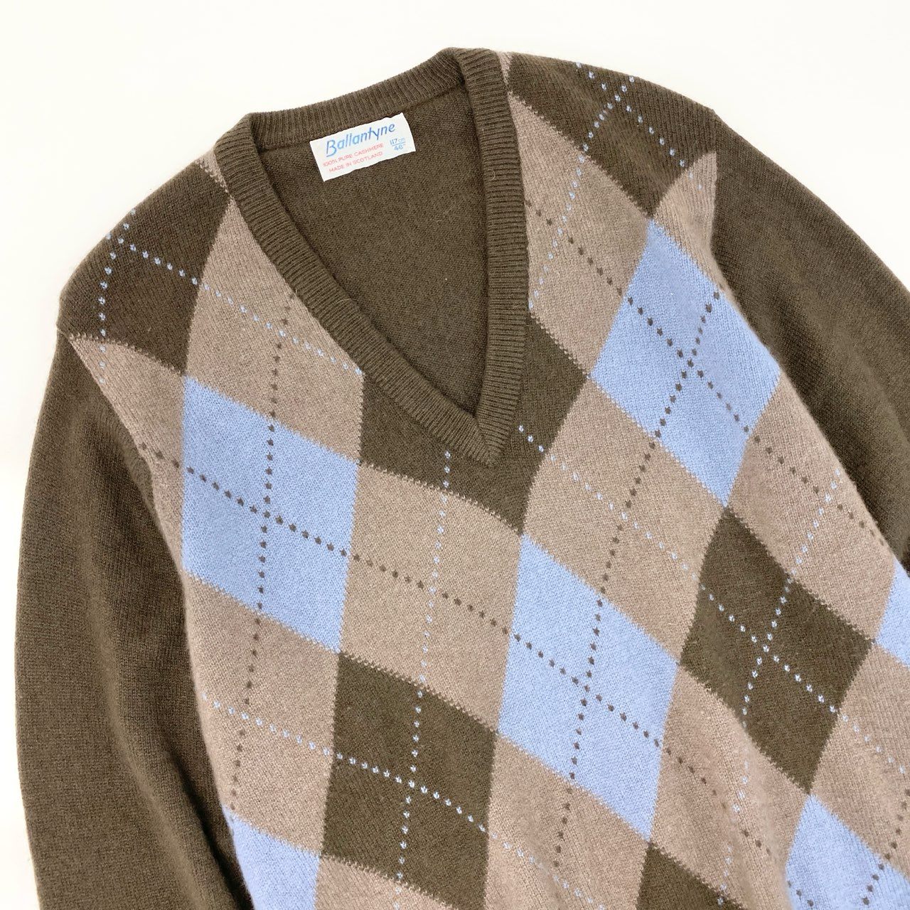 71i26 《美品》Ballantyne バランタイン Vネックカシミヤニット セーター アーガイル カシミア 46サイズ マルチカラー メンズk02i