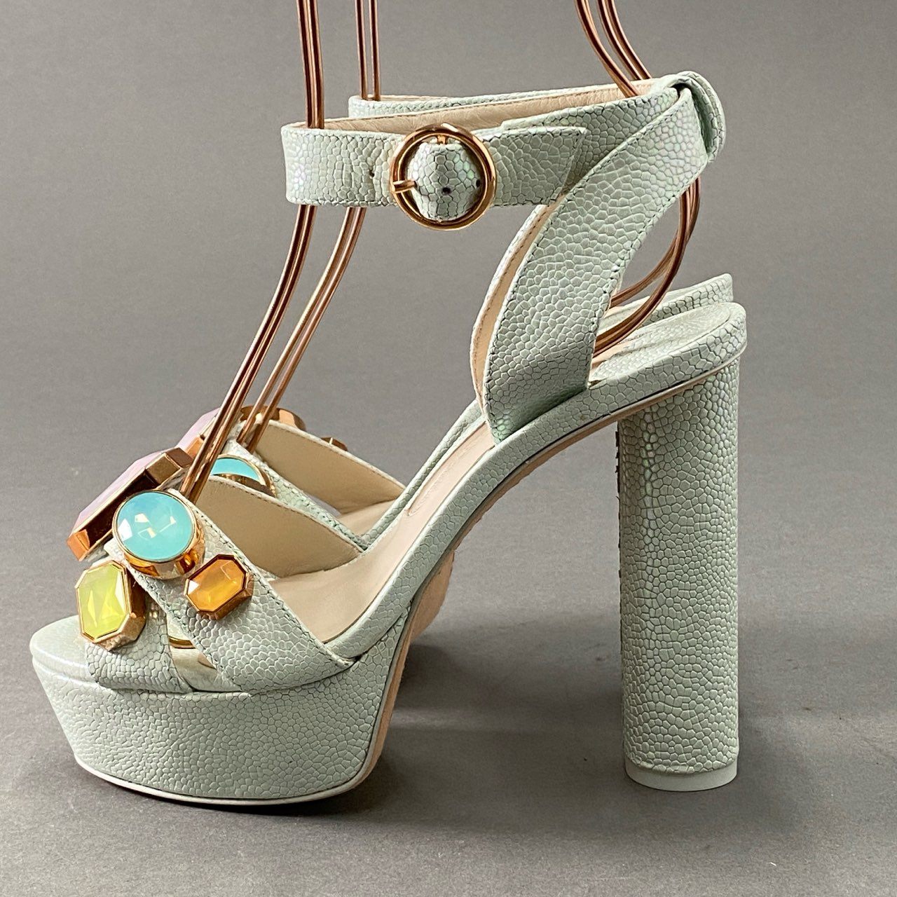 3f18 《未使用保管品》 SOPHIA WEBSTER ソフィア ウェブスター ビジューハイヒールサンダル 35 1/2 ブルー レザー カラーストーン シューズ