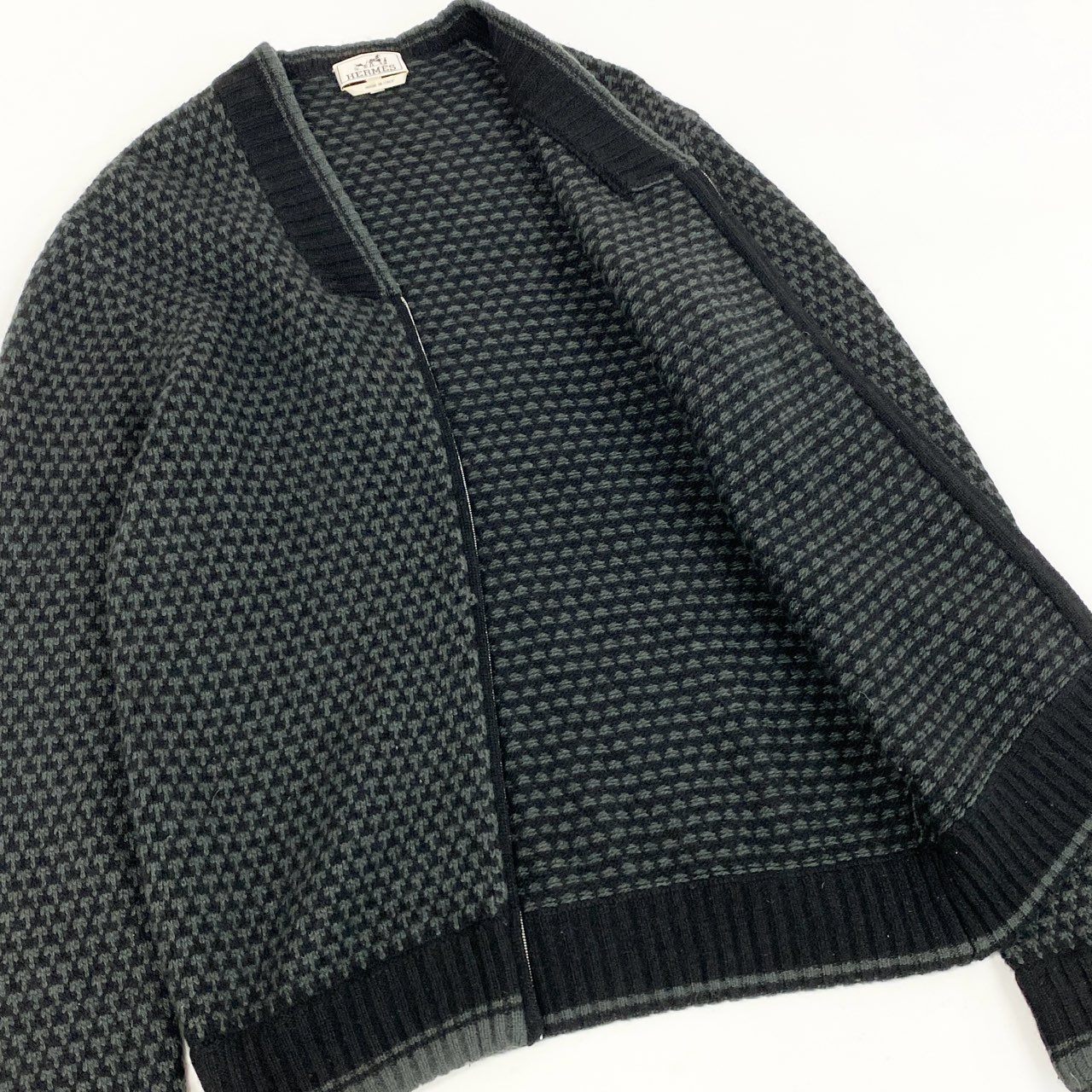 75i8 HERMES エルメス イタリア製 総カシミヤ ジップアップブルゾン ジャケット カシミアニット 千鳥柄 Lサイズ ブラック グリーン カシミヤ100 メンズu02t